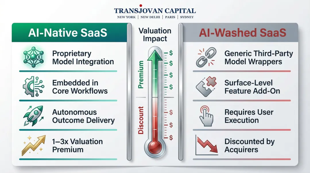 AI-native SaaS versus AI-washed SaaS valuation premium comparison infographic