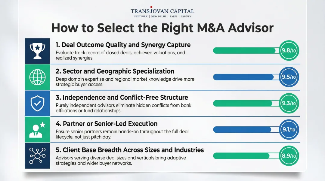 Five key criteria for selecting the best M&A advisory firm ranked infographic