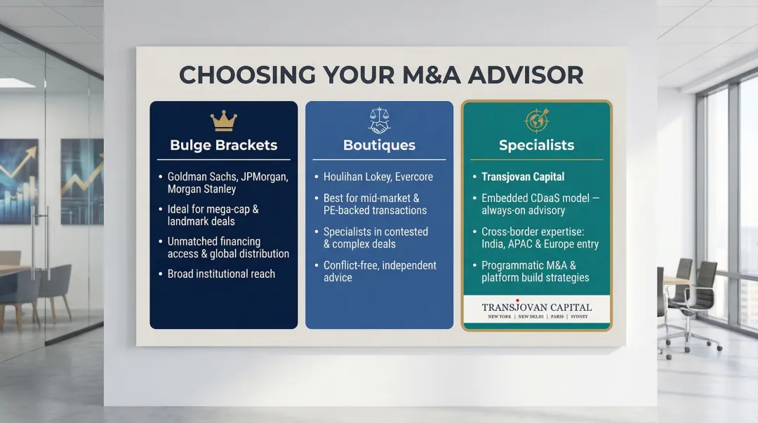 Bulge bracket versus boutique versus specialist M&A advisor comparison infographic