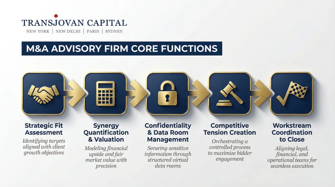 5 core M&A advisory functions from valuation to deal close process flow