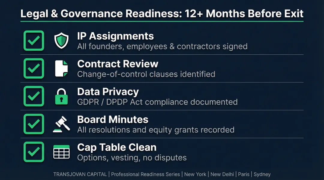 Tech M&amp;A exit preparation checklist covering legal IP governance and compliance requirements