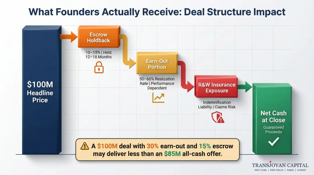 Tech M&amp;A deal structure components showing escrow earn-out and effective valuation impact on founders