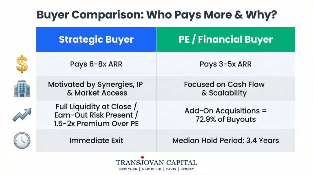 Strategic buyer versus PE buyer tech acquisition comparison showing valuation multiples and priorities