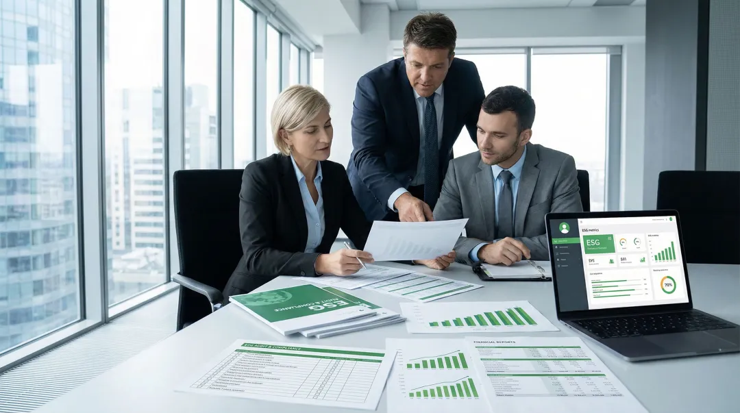 Big Four consulting firm ESG audit team reviewing sustainability disclosure reports together