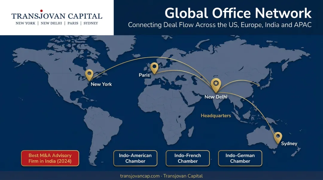 Transjovan Capital global office network map spanning New York Paris Sydney Delhi