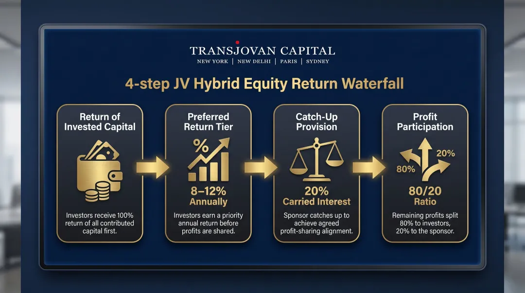 4-step JV hybrid equity return waterfall distribution sequence infographic