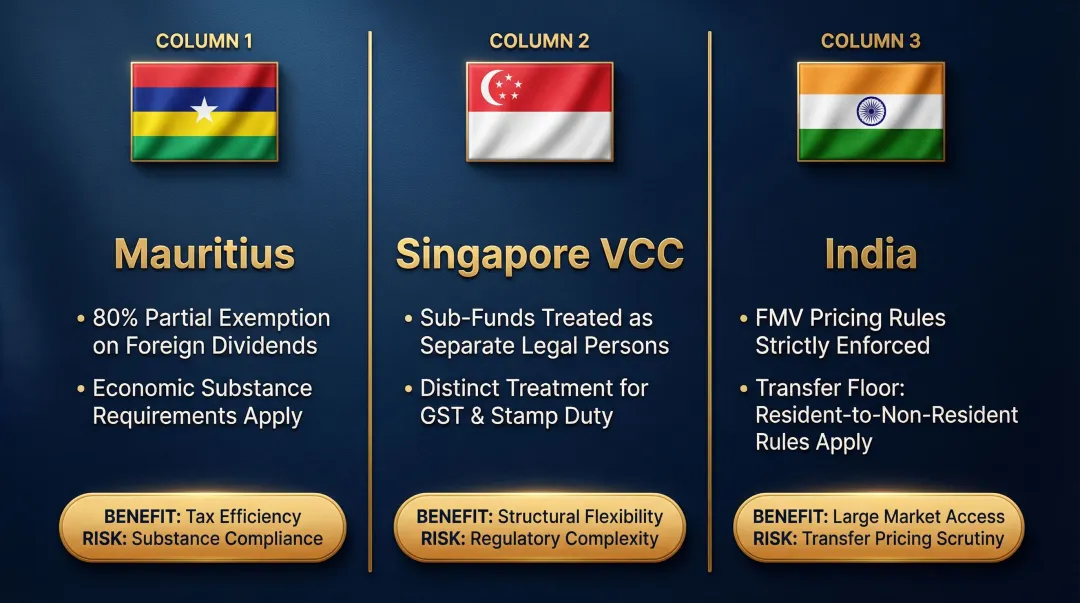 Cross-border SPV domicile comparison Mauritius Singapore India jurisdictional tax considerations