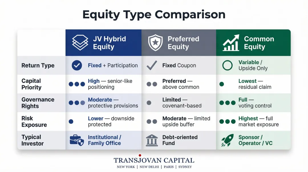 JV hybrid equity versus preferred equity versus common equity three-way comparison chart
