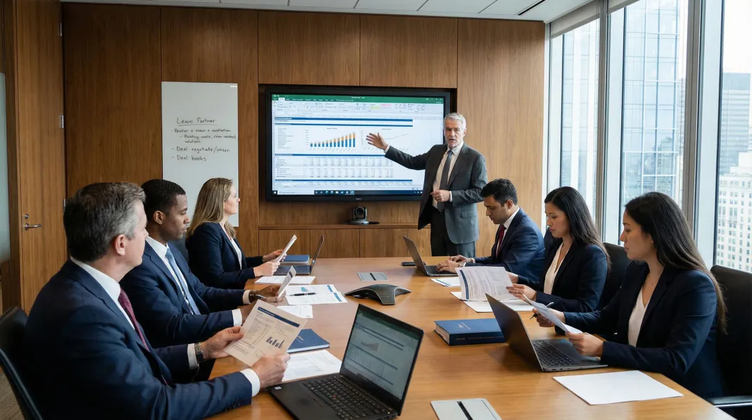 Transjovan Capital M&A advisory team reviewing valuation model at negotiating table