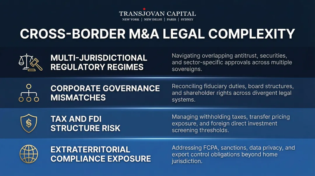 Four core layers of cross-border M&A legal complexity framework diagram