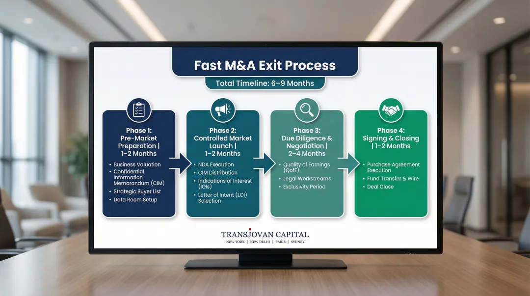 4-phase fast exit M&amp;A process timeline from preparation to closing in 6-9 months