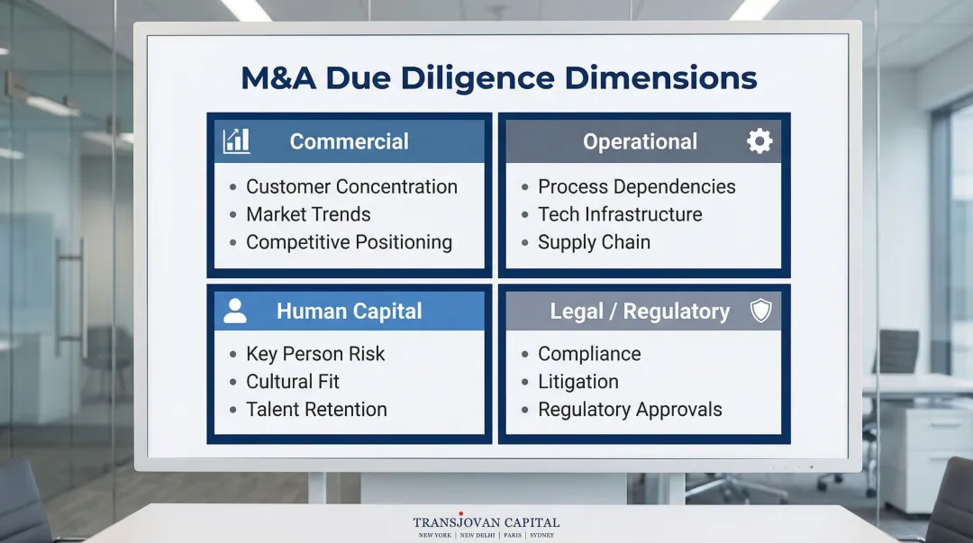 4-dimension M&A due diligence framework commercial operational human legal infographic