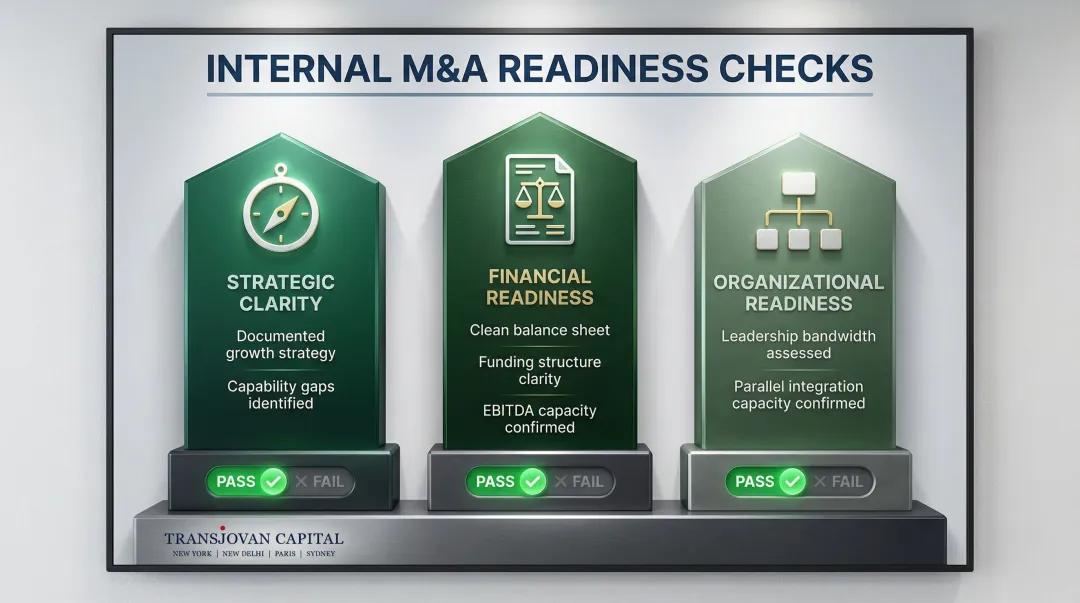 3-pillar M&A readiness assessment framework strategic financial organizational infographic