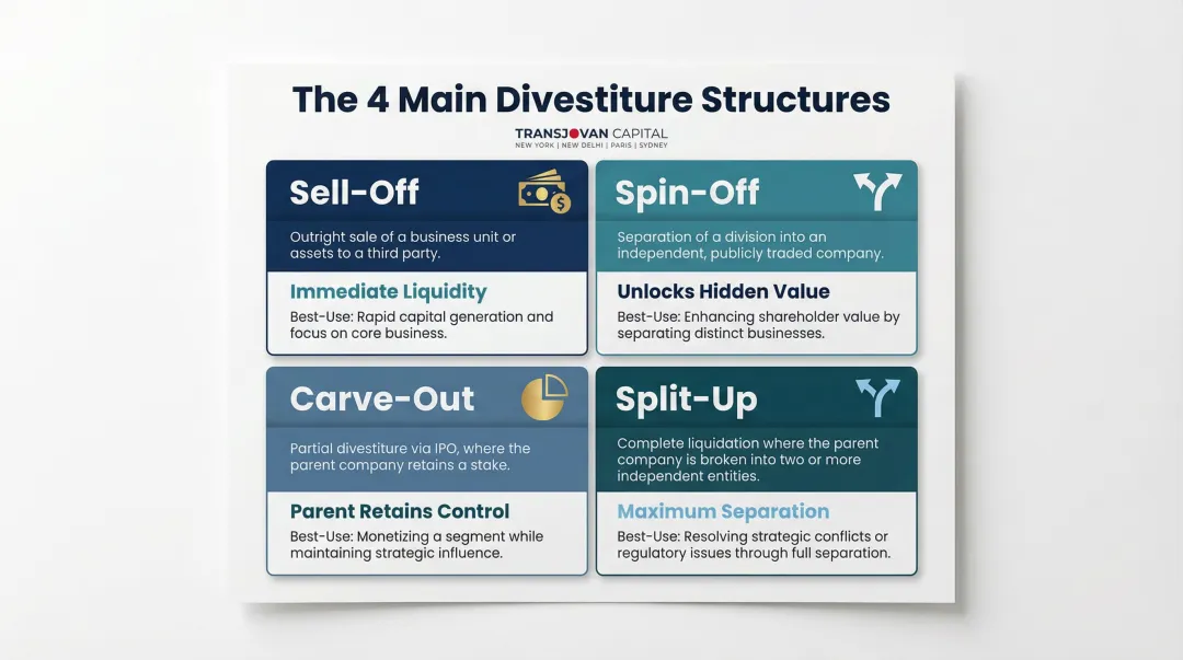 Four main divestiture strategy types comparison sell-off spin-off carve-out split-up