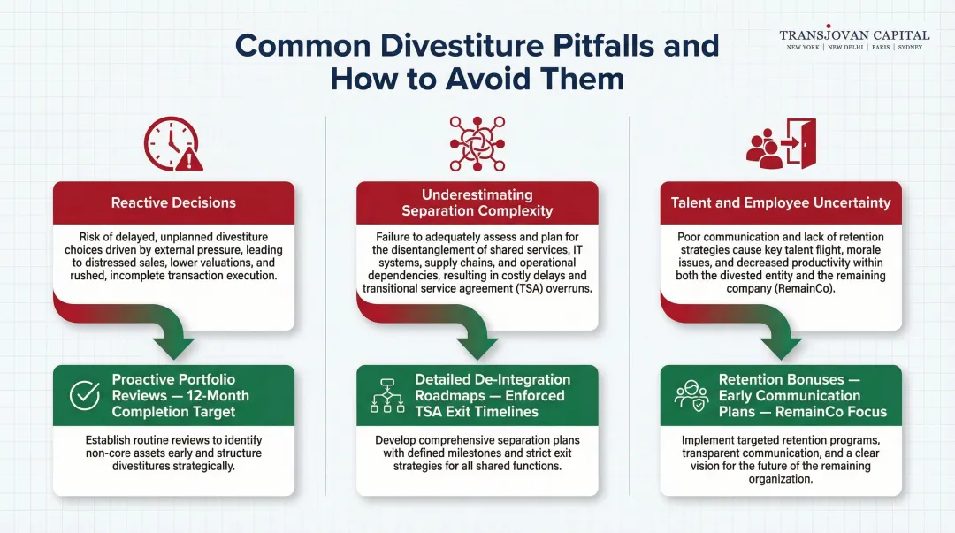 Three common divestiture pitfalls and mitigation strategies side-by-side comparison chart