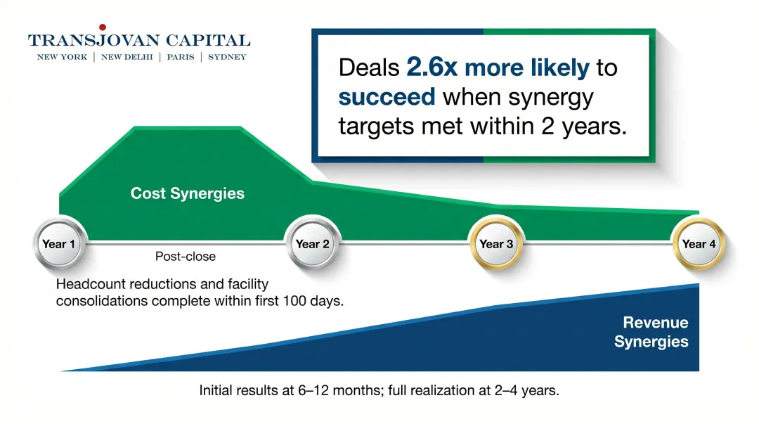 M\&A synergy realization timeline showing cost versus revenue synergy capture over four years