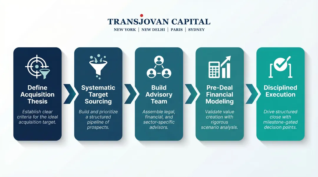 Five-step disciplined acquisition framework process flow from thesis to close