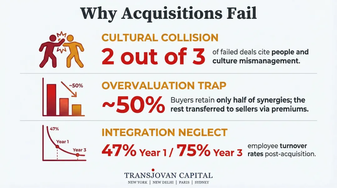 Three M\&A failure patterns statistics comparison infographic cultural collision overvaluation integration neglect