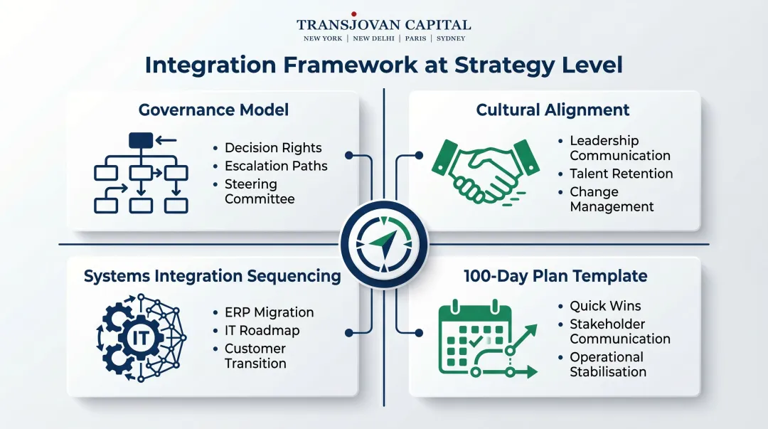 Post-merger integration framework four-component strategy stage planning blueprint infographic