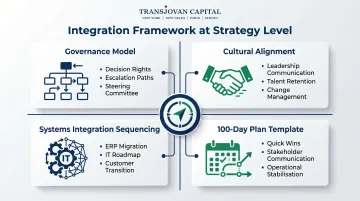Post-merger integration framework four-component strategy stage planning blueprint infographic