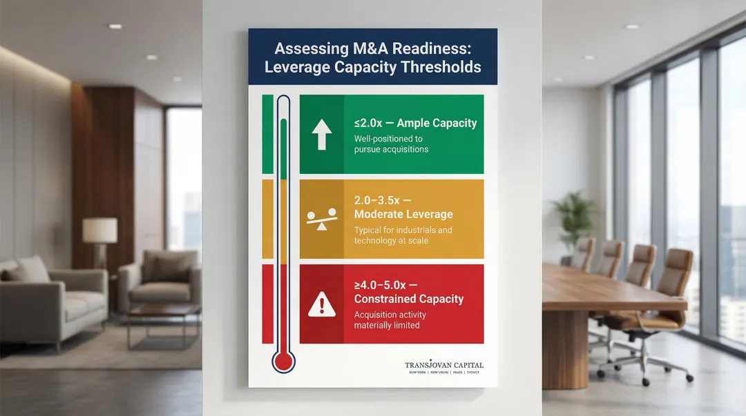 Net debt to EBITDA M&A readiness tiers three-level leverage capacity assessment infographic