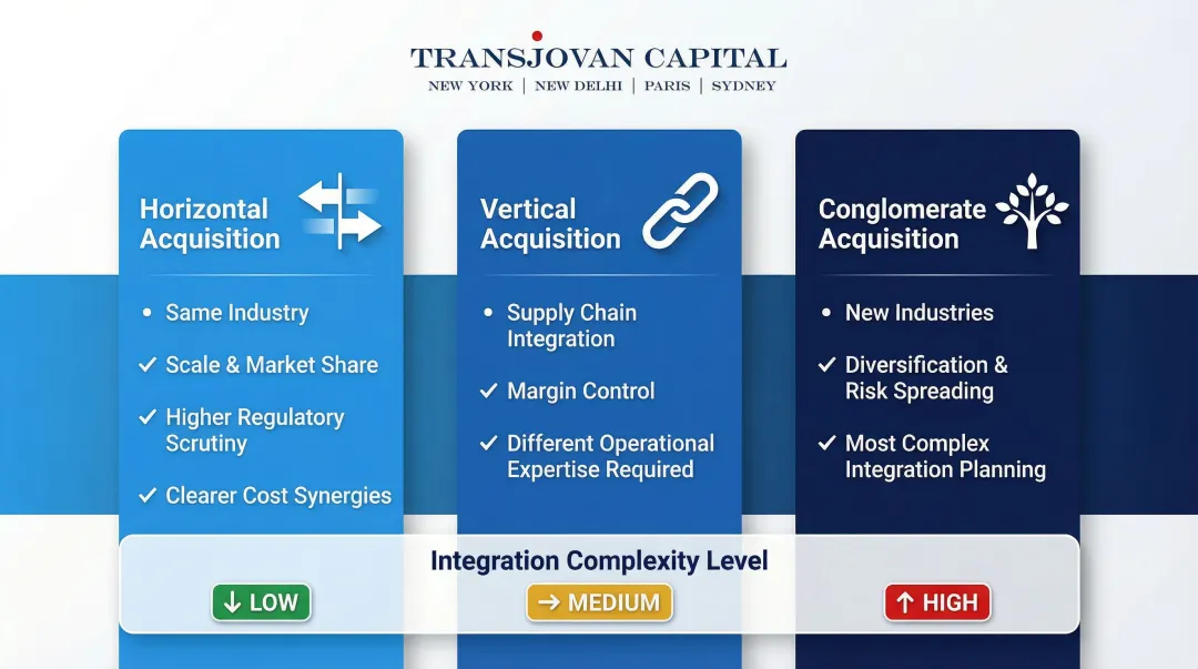 Three acquisition strategy archetypes horizontal vertical conglomerate comparison infographic