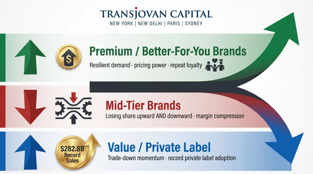 K-shaped consumer economy three-tier market bifurcation comparison infographic