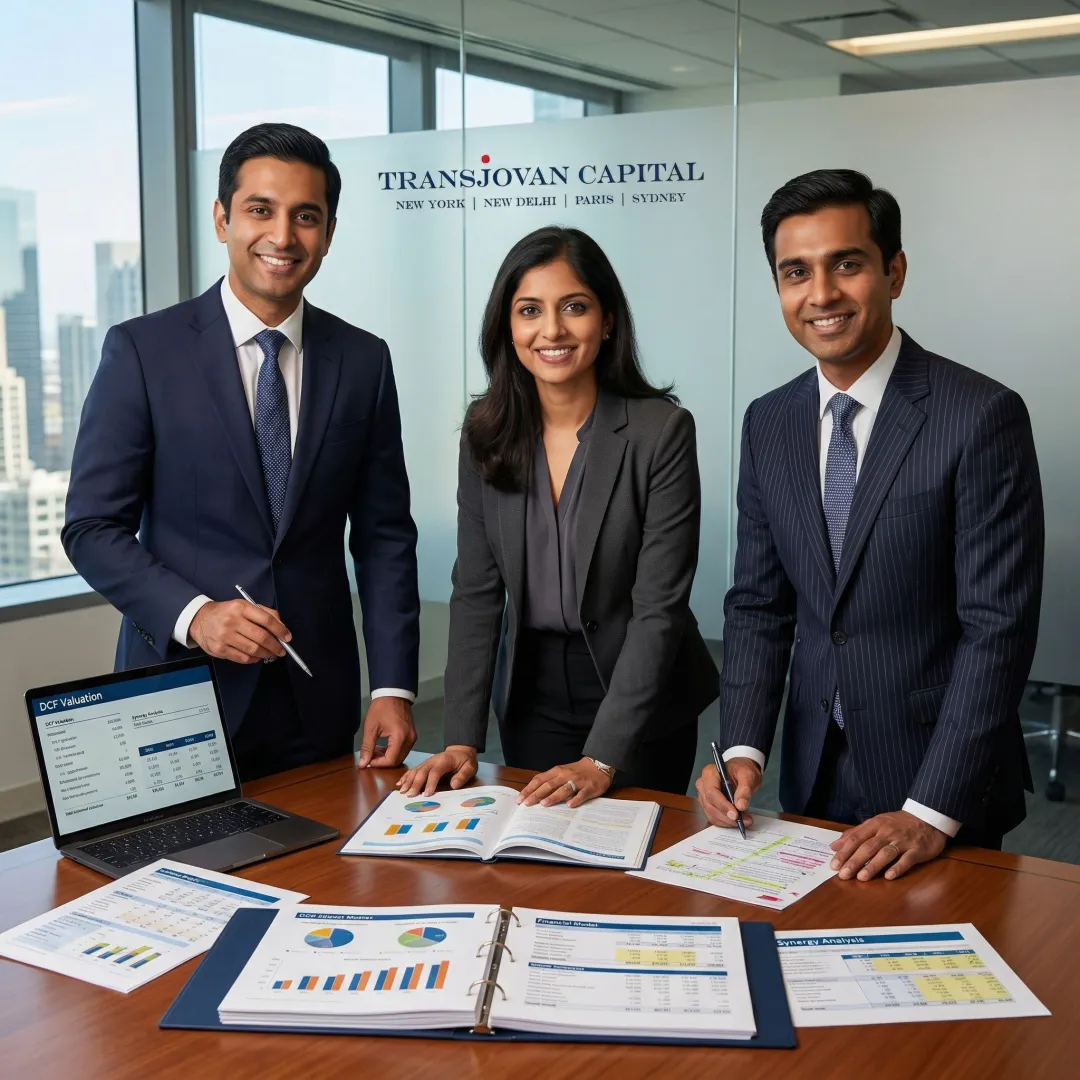 Financial advisory team analyzing acquisition data
