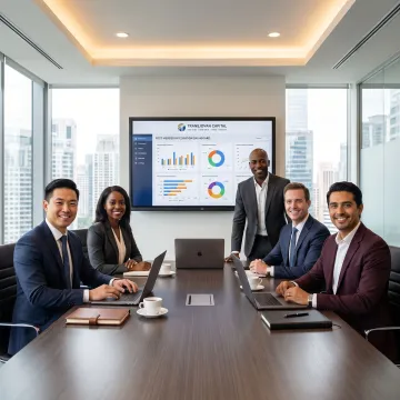 Post-merger integration strategy team reviewing dashboards
