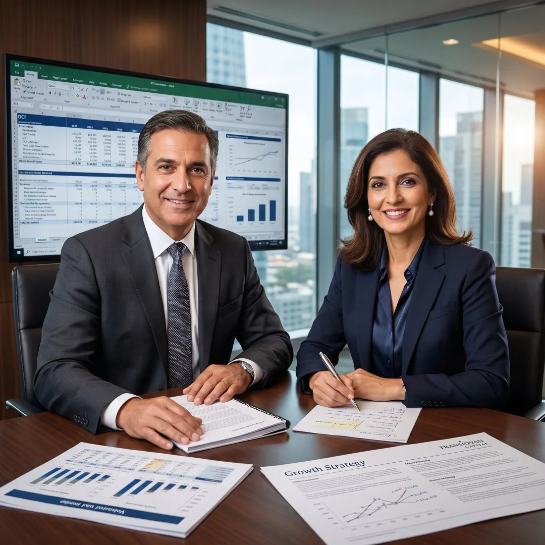 Advisors reviewing M&A strategy and valuation materials