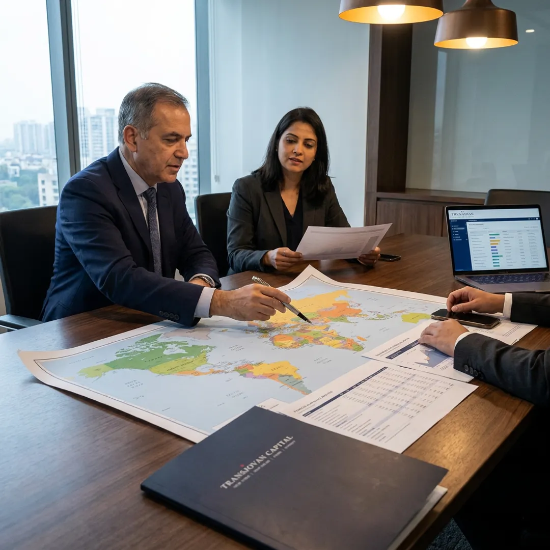 Advisors reviewing cross-border expansion strategy with engineering executives