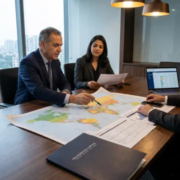 Advisors reviewing cross-border expansion strategy with engineering executives
