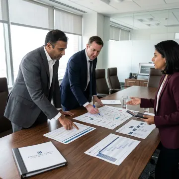 Corporate advisors reviewing engineering growth strategy