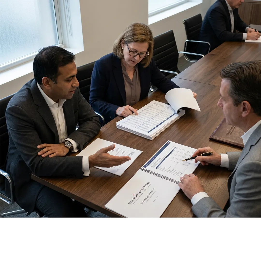 Advisors reviewing growth capital strategy with manufacturing executives
