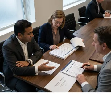 Advisors reviewing growth capital strategy with manufacturing executives