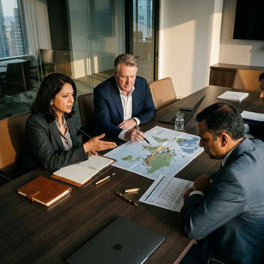 Advisors reviewing cross-border expansion strategy