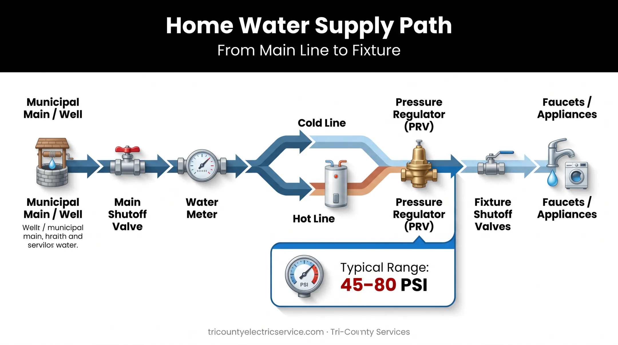 Water supply path from meter to faucet showing pressure regulation components