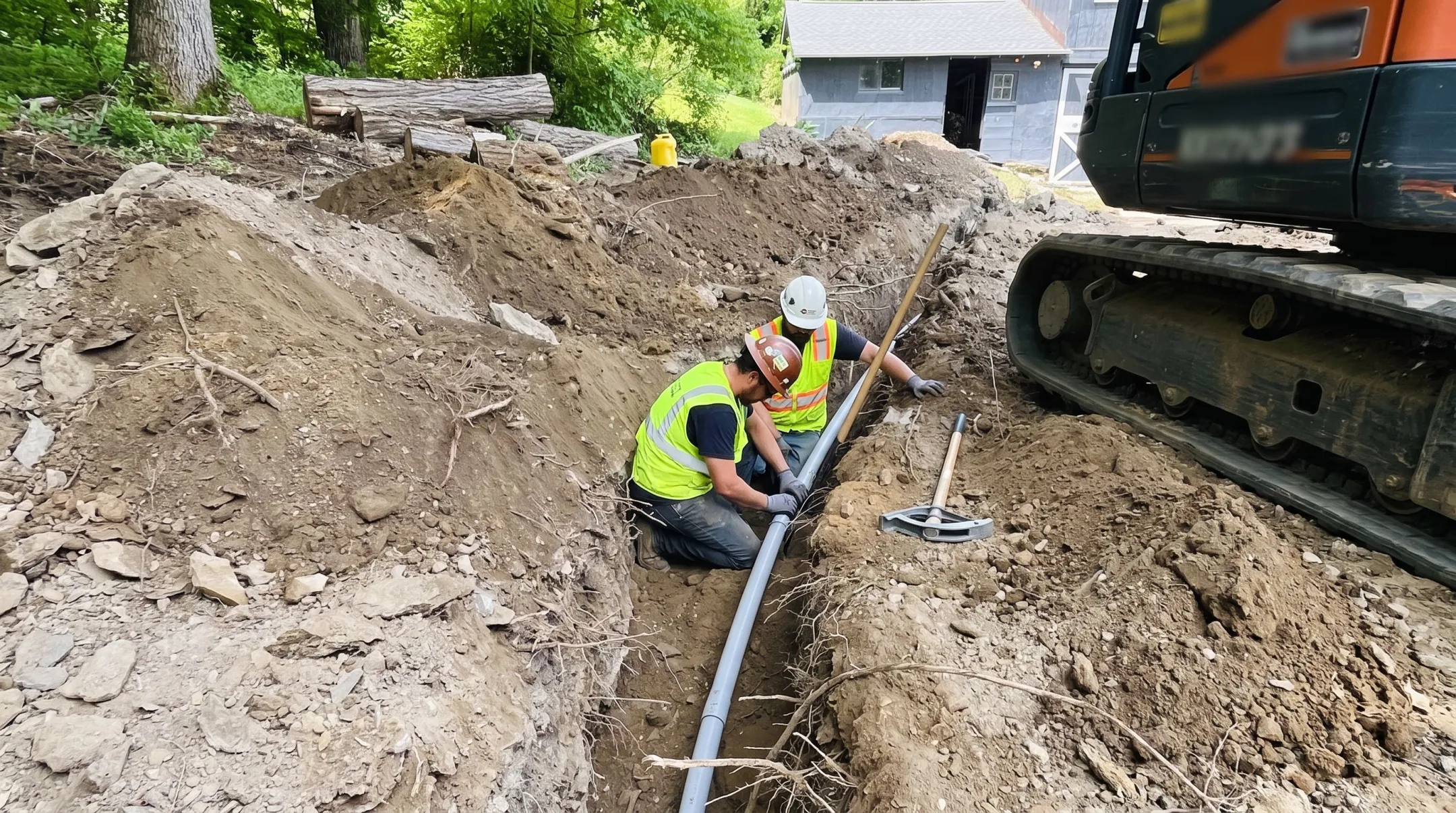 Electrician installing underground electrical service conduit trenching equipment