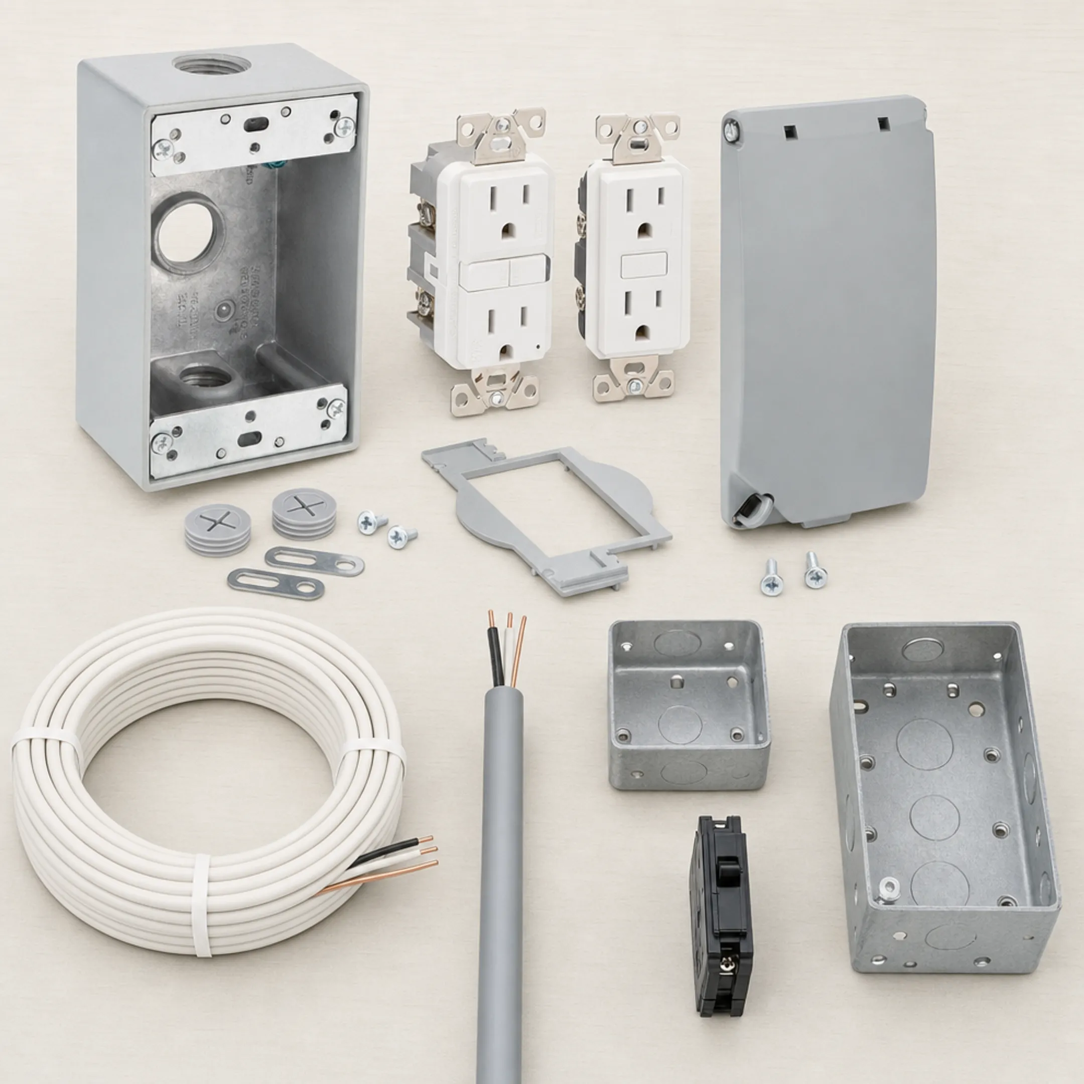 Electrical materials including NM cable junction boxes breakers and GFCI outlets