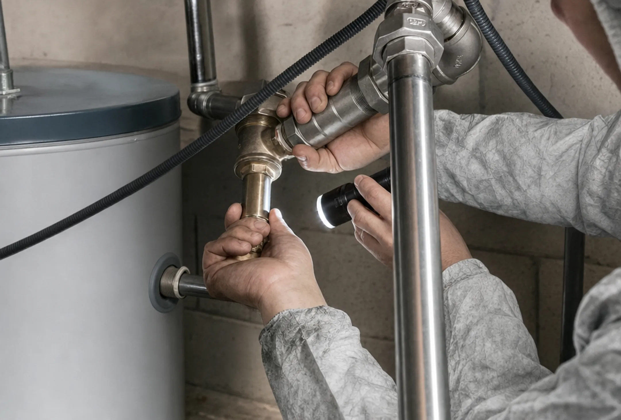 Plumber inspecting pipe connections for leaks during water heater installation
