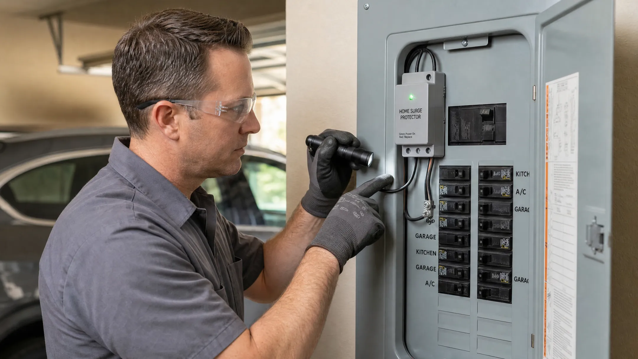 Electrician checking surge protector indicator light and panel wiring connections