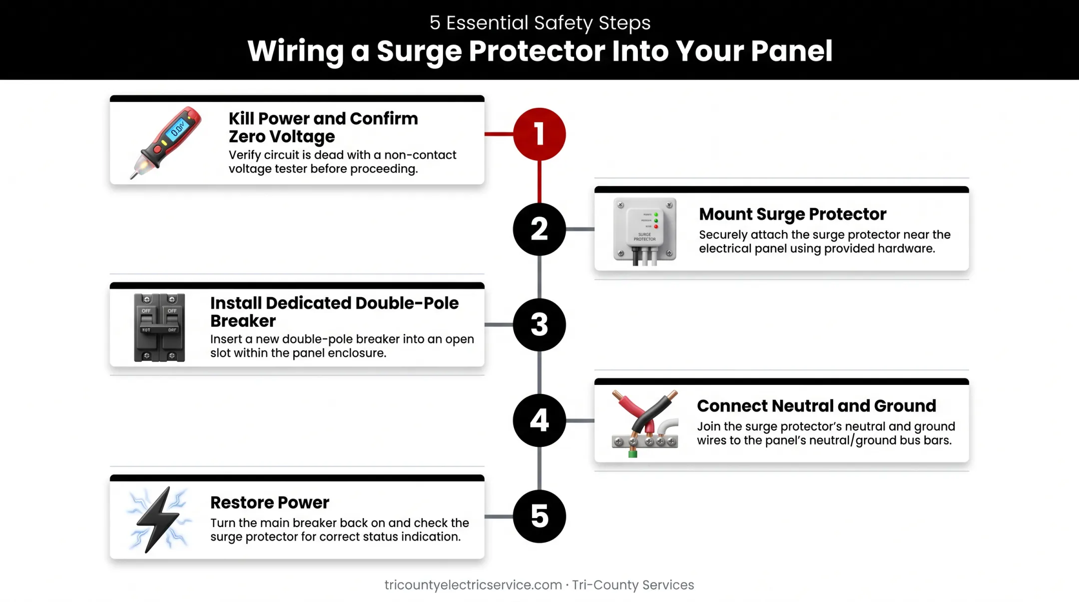 5-step wiring process for whole-house surge protector installation