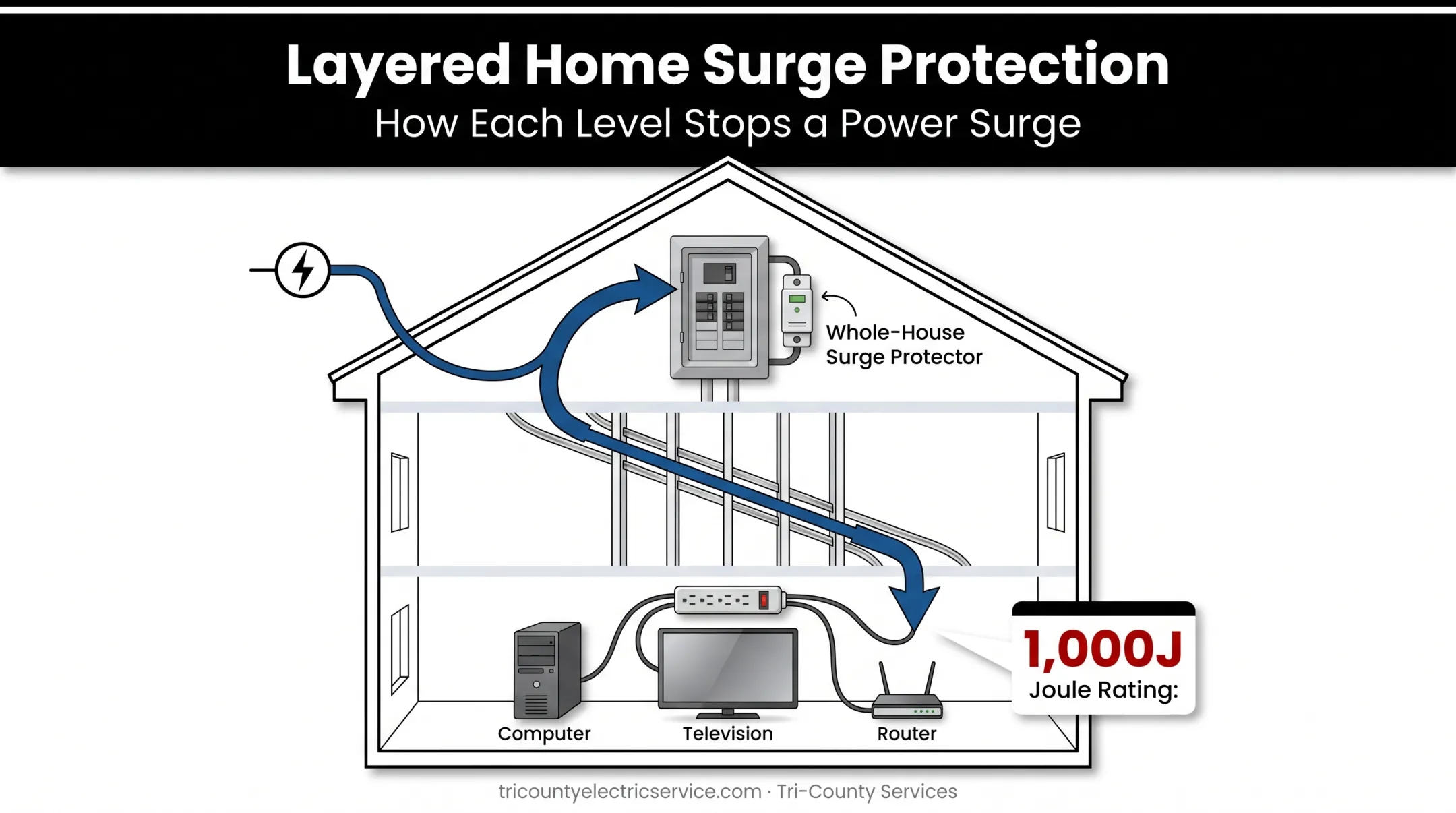 Layered surge protection system from panel to point-of-use devices
