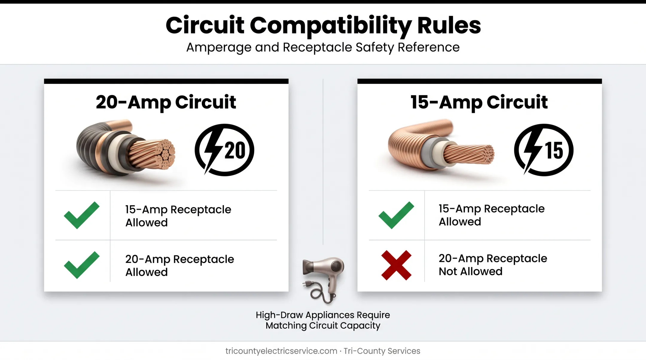 15-amp versus 20-amp bathroom circuit wiring rules comparison chart