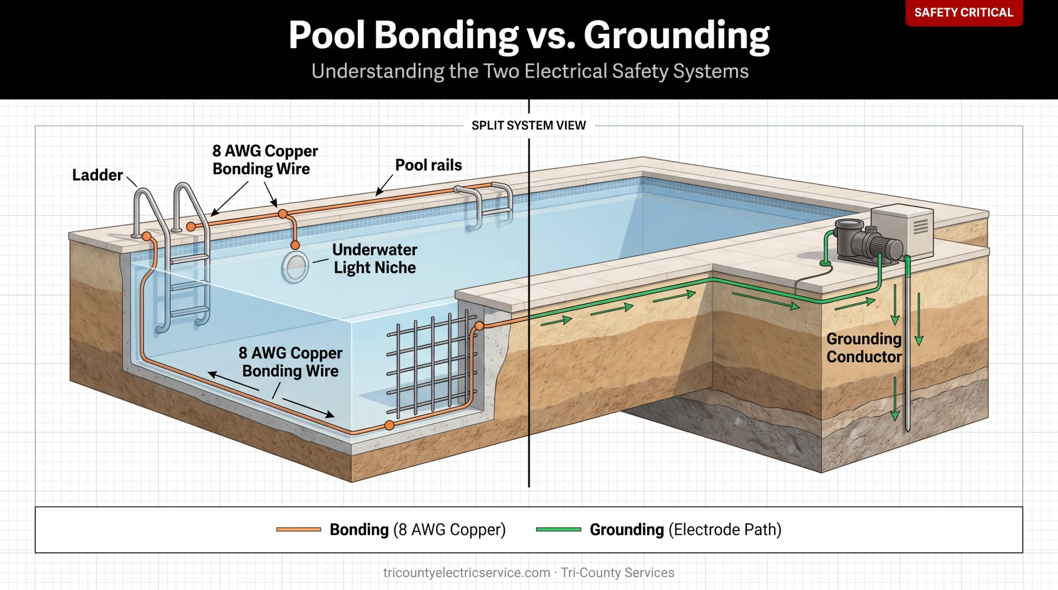 Pool bonding versus grounding safety diagram showing equipotential connections