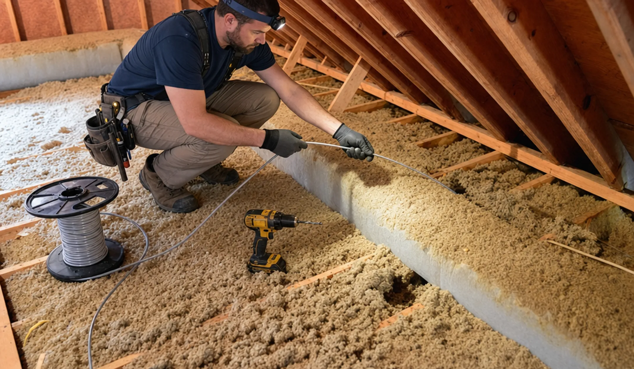 Electrician fishing new wire through attic space without removing drywall