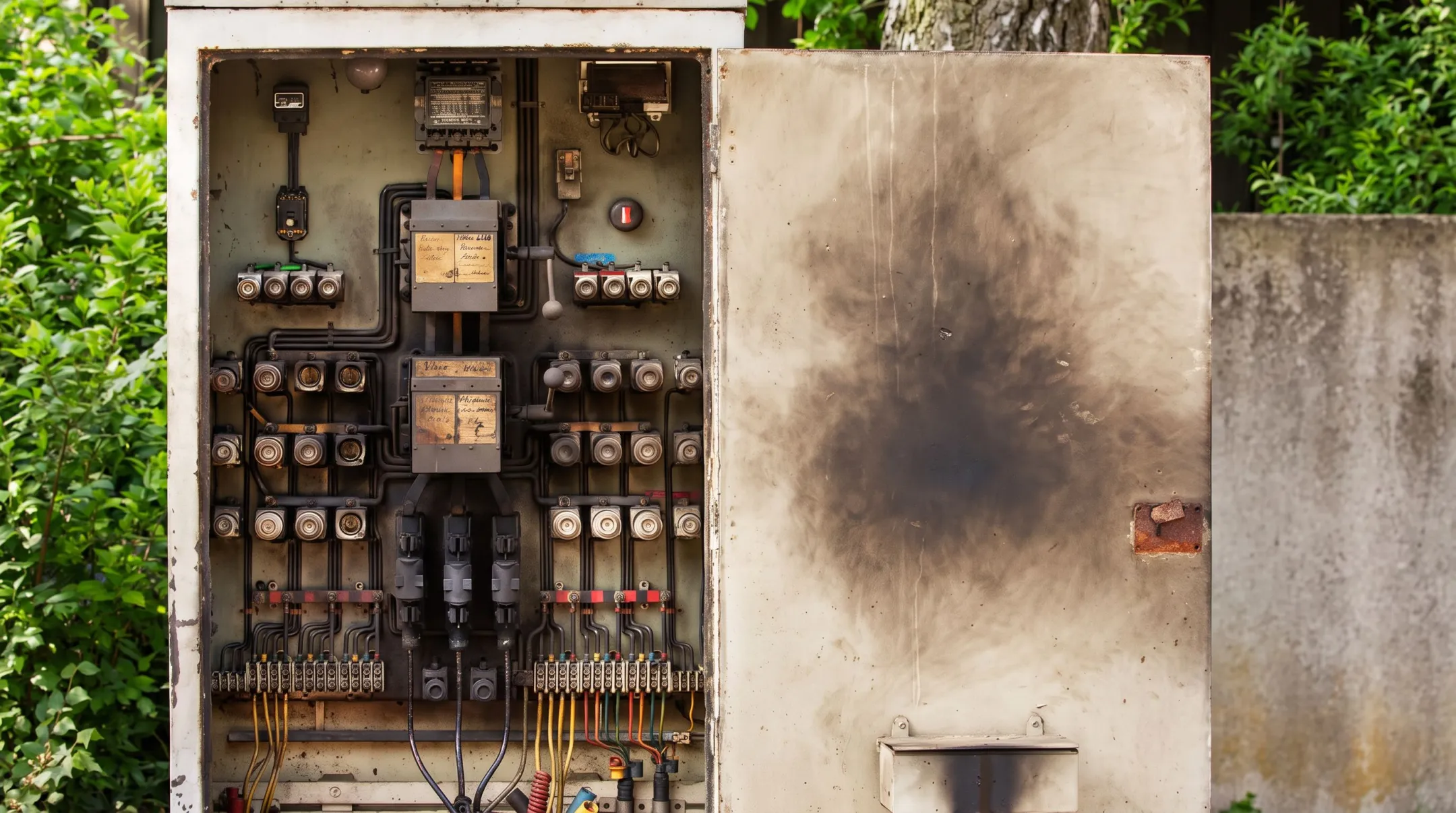 Aging electrical panel showing corrosion and warning signs of failure