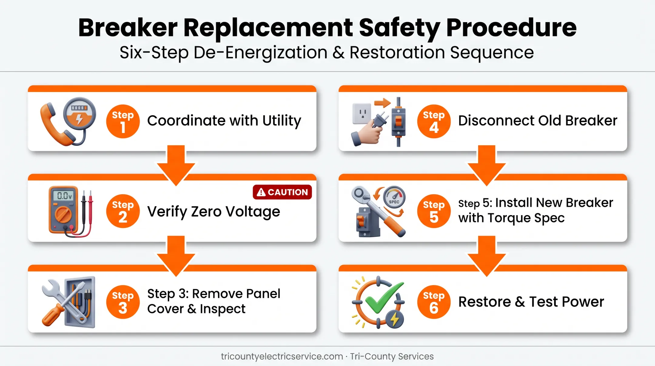 6-step professional main breaker replacement process from utility coordination to testing