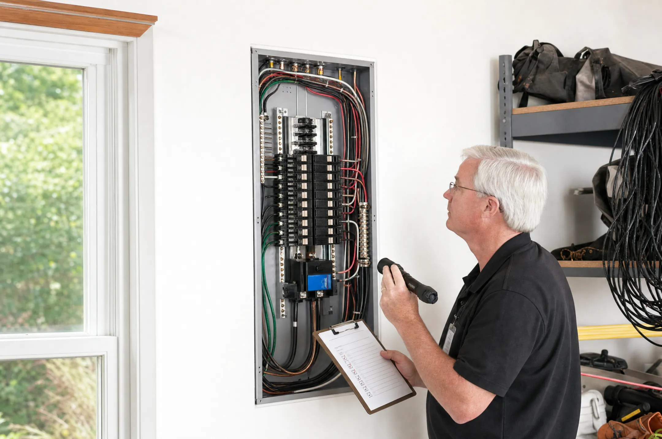 Licensed electrical inspector reviewing subpanel wiring for code compliance