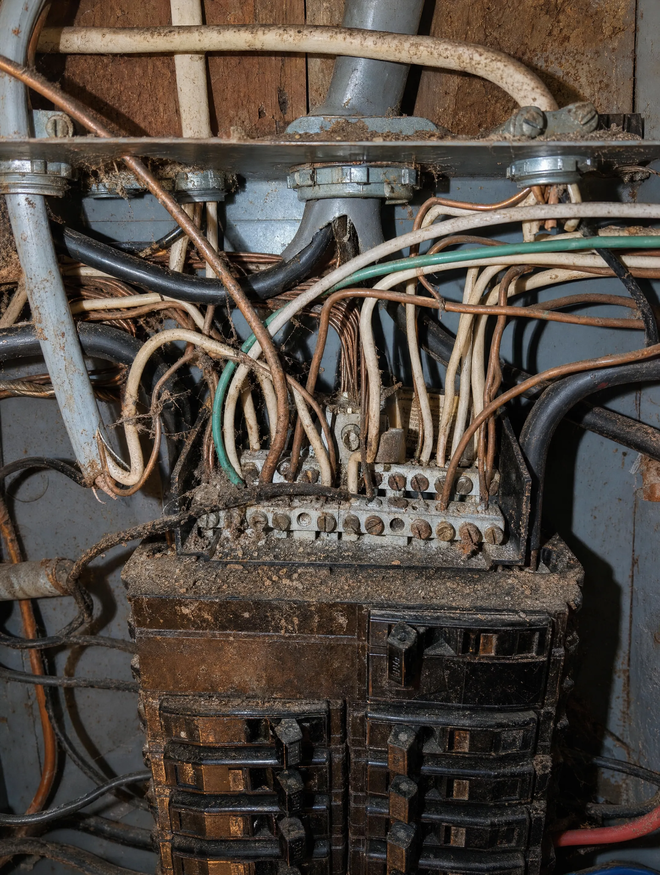 Corroded outdated fuse box panel with visible wear and scorch marks
